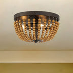 Brown And Black Wood Bead Three Light Flush Mount Ceiling Light