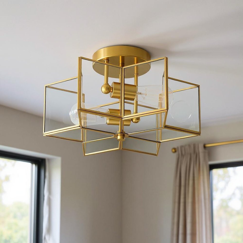 Brass Unique Statement Two Light Metal Dimmable Flush Chandelier