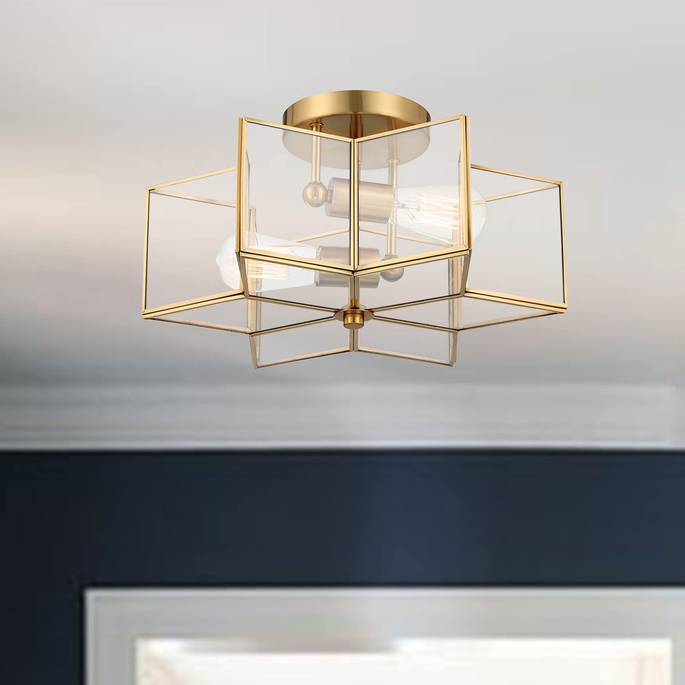 Brass Unique Statement Two Light Metal Dimmable Flush Chandelier