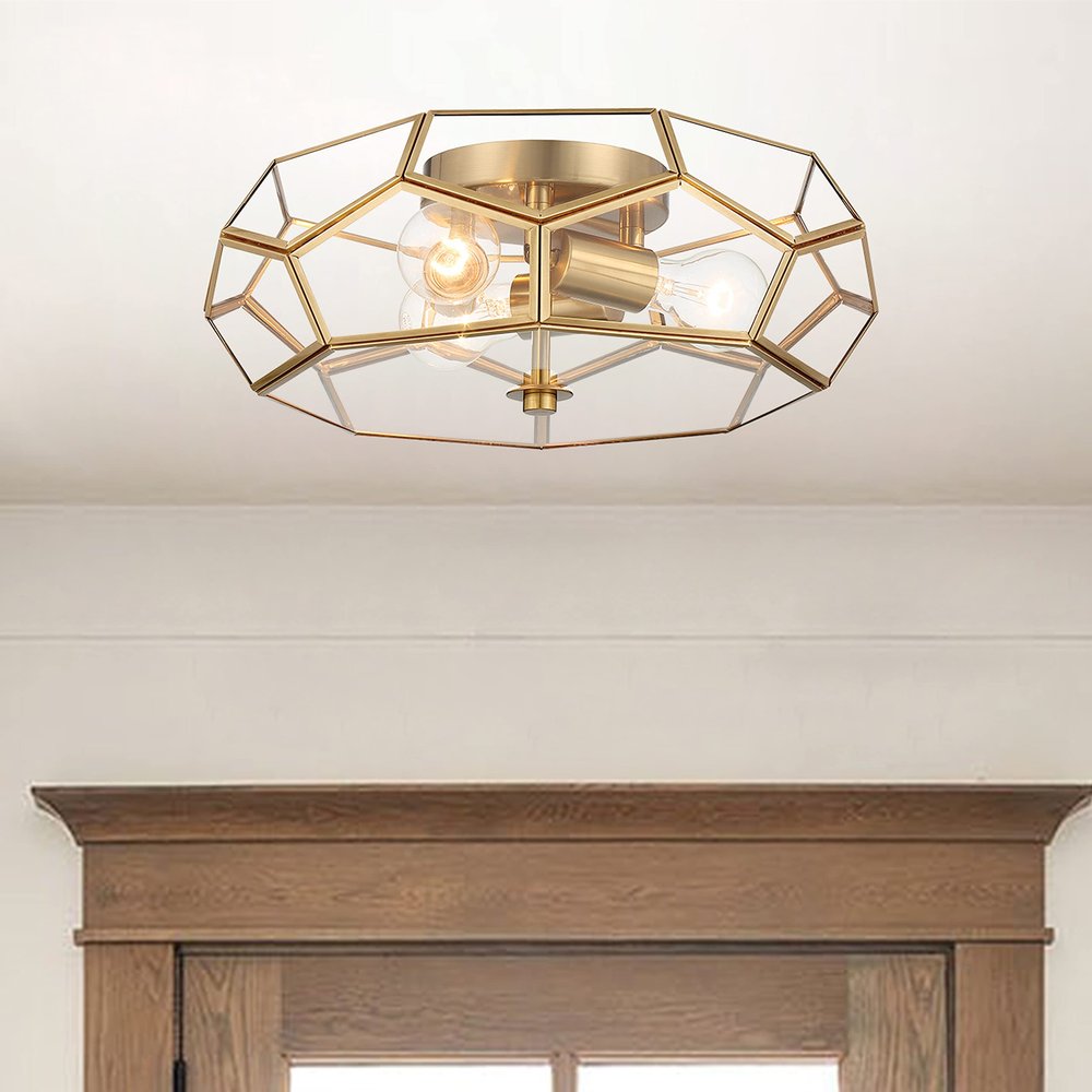Brass Unique Statement Three Light Metal Dimmable Flush Chandelier