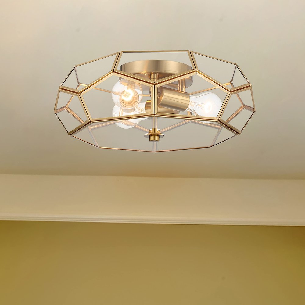 Brass Unique Statement Three Light Metal Dimmable Flush Chandelier