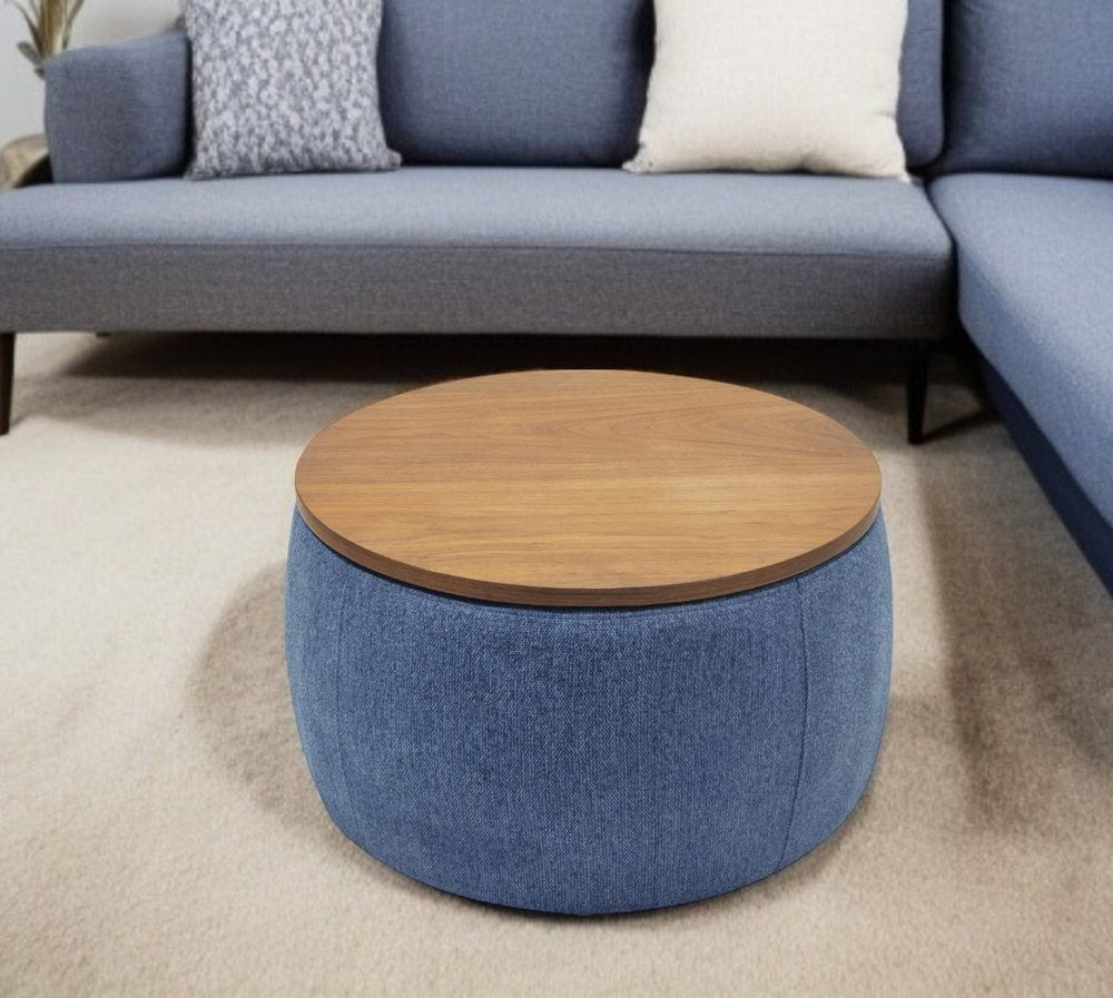 26" Navy Blue And Brown Wood And Upholstery Round Ottoman With Storage