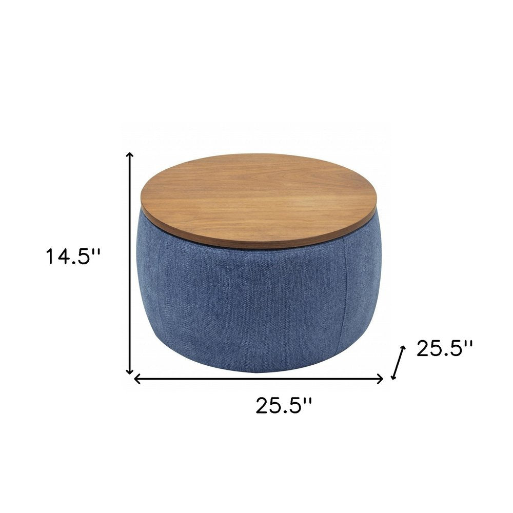 26" Navy Blue And Brown Wood And Upholstery Round Ottoman With Storage