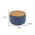 26" Navy Blue And Brown Wood And Upholstery Round Ottoman With Storage