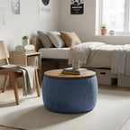 26" Navy Blue And Brown Wood And Upholstery Round Ottoman With Storage
