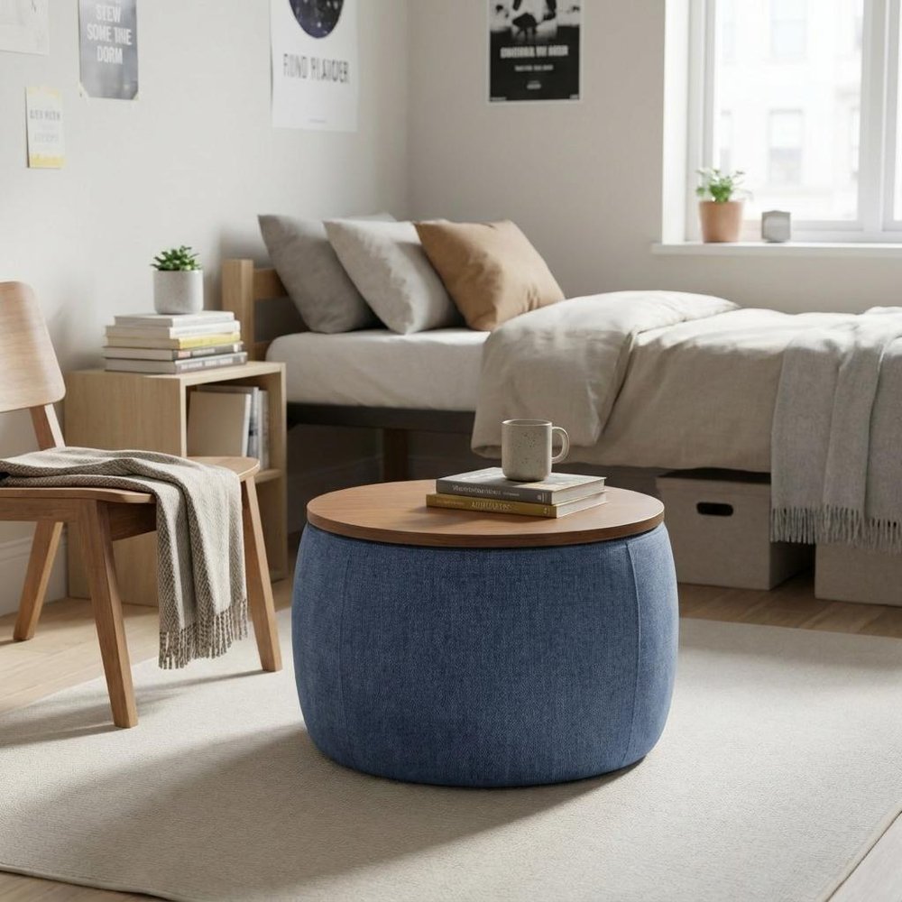 26" Navy Blue And Brown Wood And Upholstery Round Ottoman With Storage
