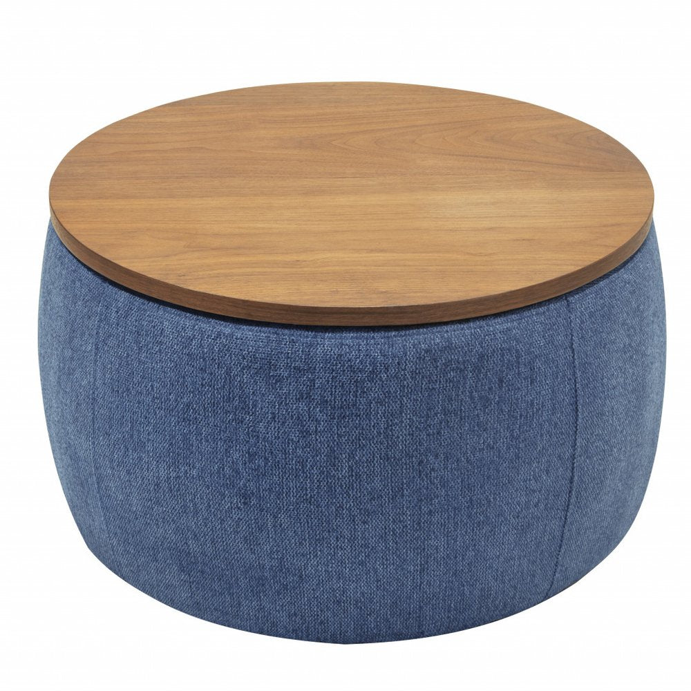 26" Navy Blue And Brown Wood And Upholstery Round Ottoman With Storage