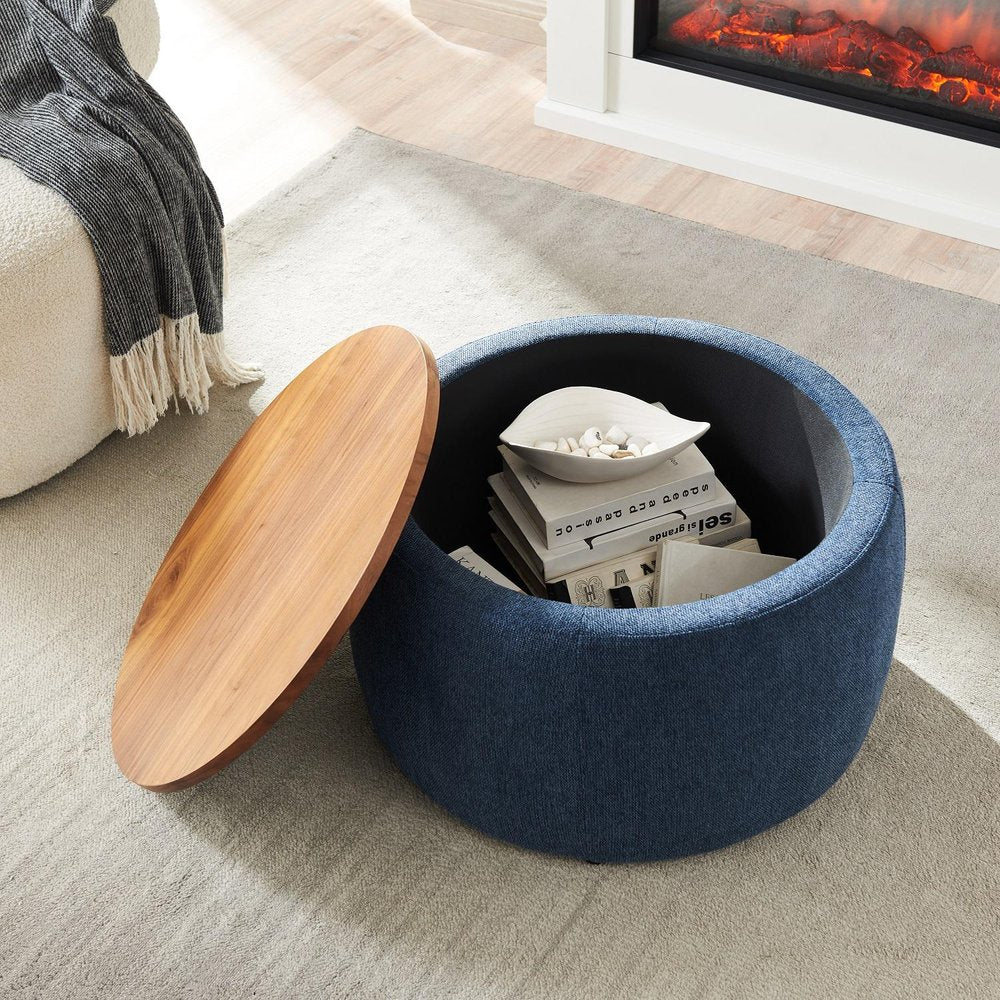 26" Navy Blue And Brown Wood And Upholstery Round Ottoman With Storage