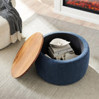 26" Navy Blue And Brown Wood And Upholstery Round Ottoman With Storage