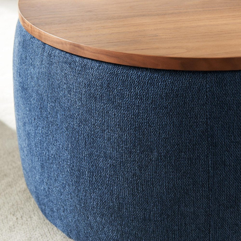 26" Navy Blue And Brown Wood And Upholstery Round Ottoman With Storage