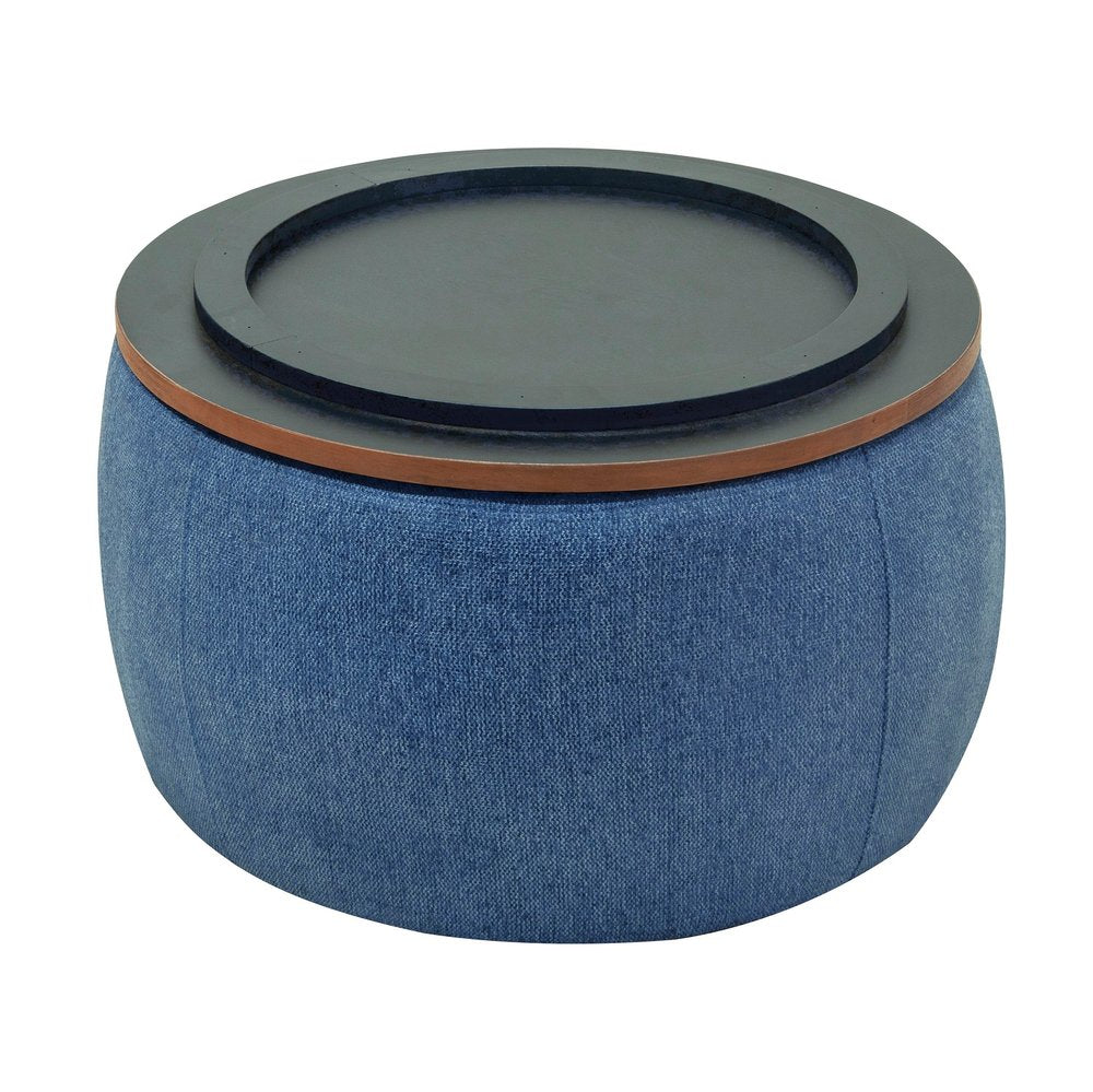 26" Navy Blue And Brown Wood And Upholstery Round Ottoman With Storage