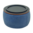 26" Navy Blue And Brown Wood And Upholstery Round Ottoman With Storage