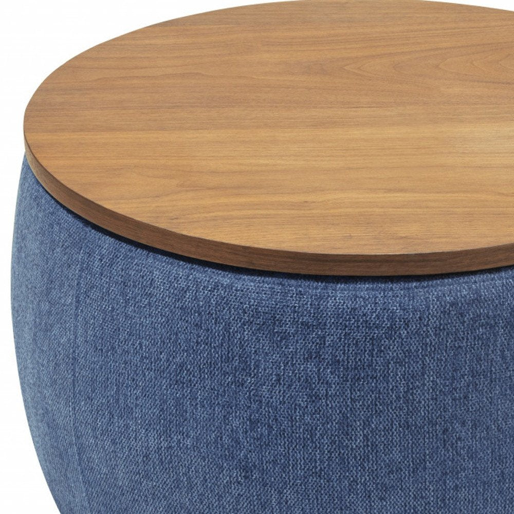 26" Navy Blue And Brown Wood And Upholstery Round Ottoman With Storage