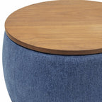 26" Navy Blue And Brown Wood And Upholstery Round Ottoman With Storage