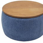 26" Navy Blue And Brown Wood And Upholstery Round Ottoman With Storage