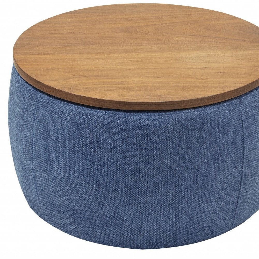 26" Navy Blue And Brown Wood And Upholstery Round Ottoman With Storage