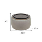 26" Light Gray And Natural Wood And Upholstery Round Ottoman With Storage