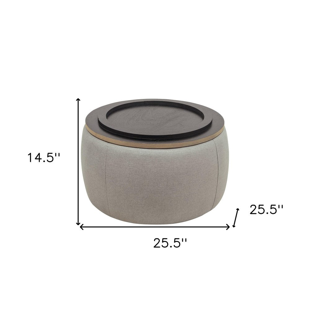 26" Light Gray And Natural Wood And Upholstery Round Ottoman With Storage