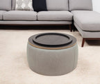 26" Light Gray And Natural Wood And Upholstery Round Ottoman With Storage