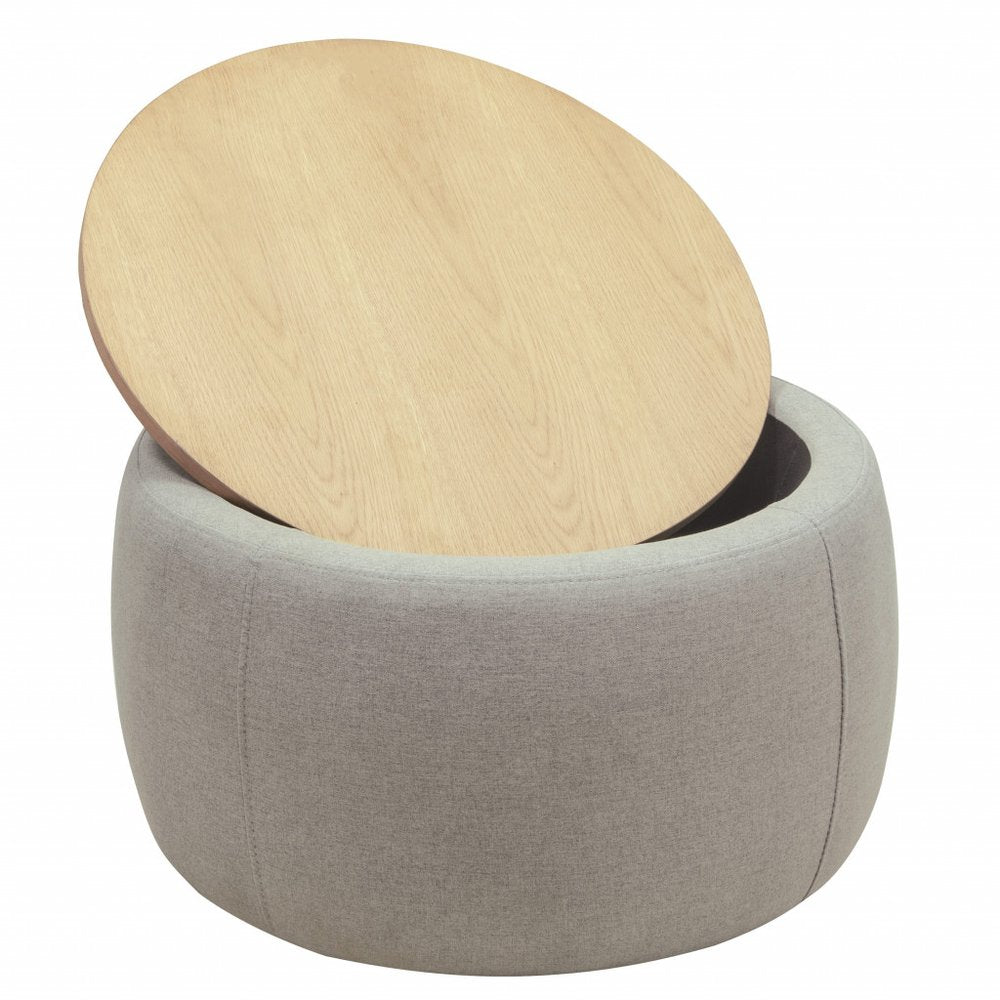26" Light Gray And Natural Wood And Upholstery Round Ottoman With Storage