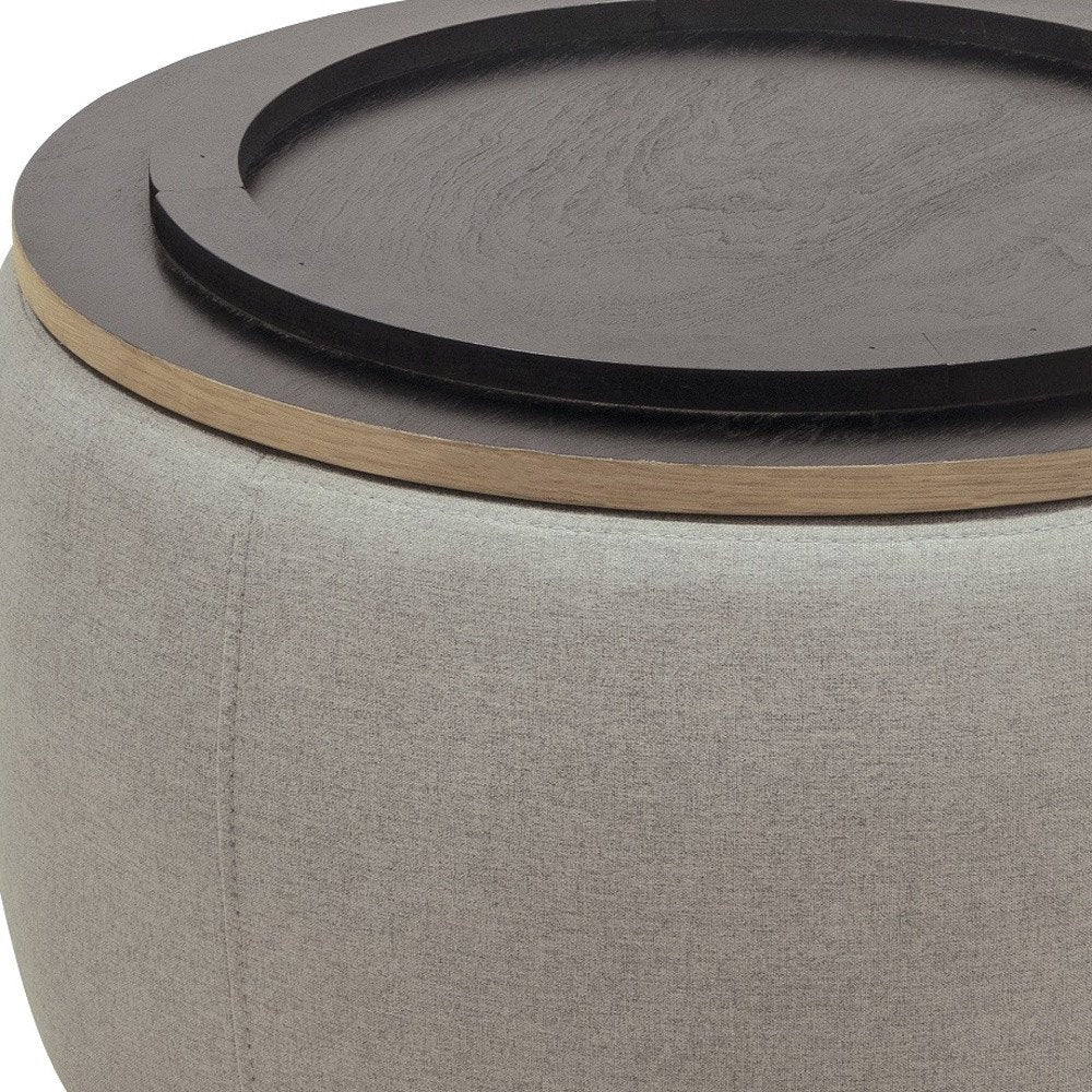 26" Light Gray And Natural Wood And Upholstery Round Ottoman With Storage