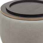 26" Light Gray And Natural Wood And Upholstery Round Ottoman With Storage