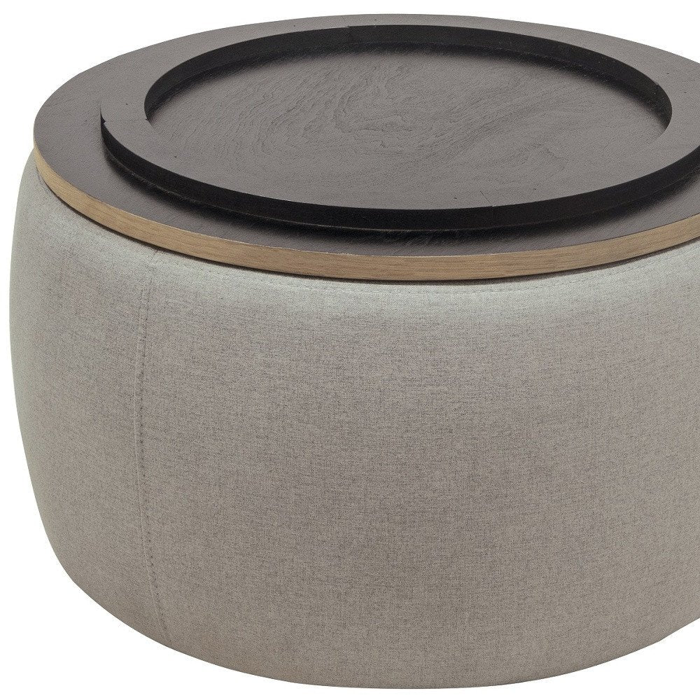 26" Light Gray And Natural Wood And Upholstery Round Ottoman With Storage