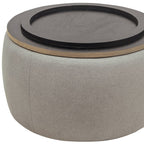 26" Light Gray And Natural Wood And Upholstery Round Ottoman With Storage
