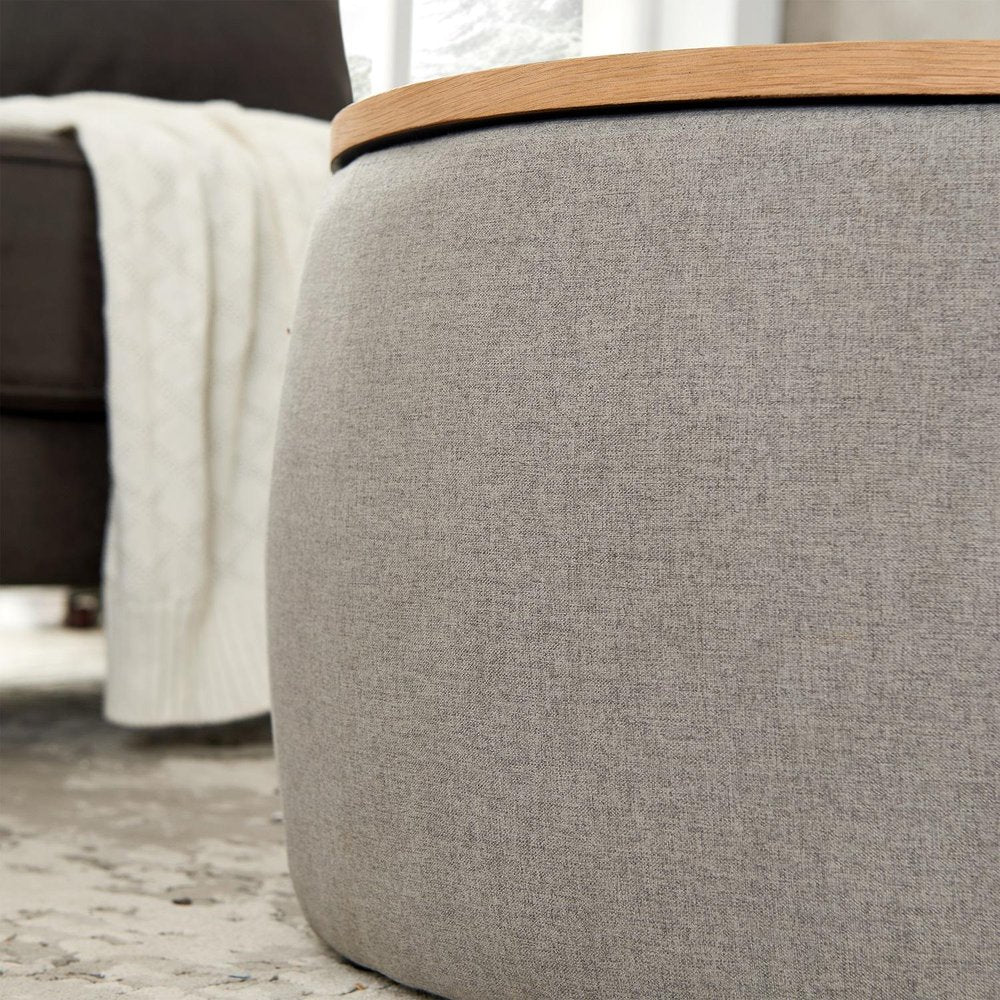 26" Light Gray And Natural Wood And Upholstery Round Ottoman With Storage