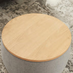 26" Light Gray And Natural Wood And Upholstery Round Ottoman With Storage