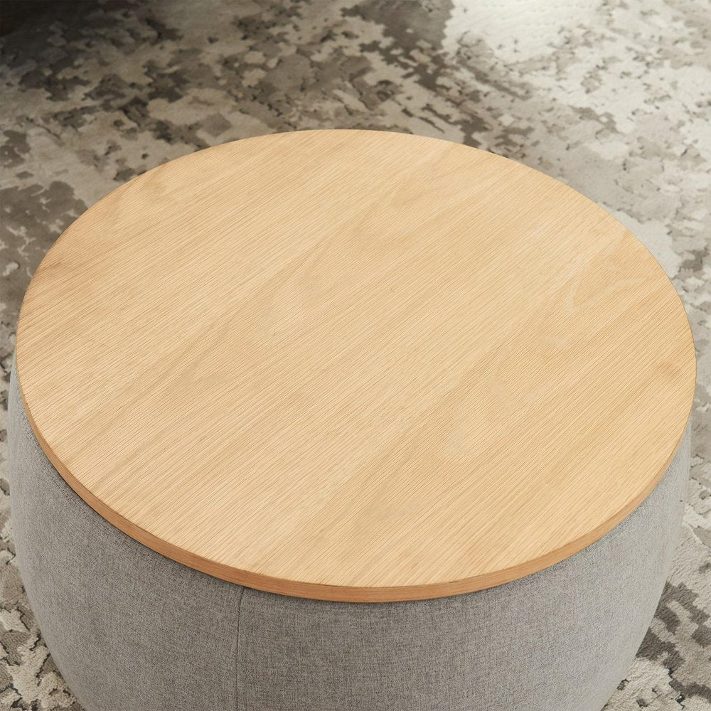 26" Light Gray And Natural Wood And Upholstery Round Ottoman With Storage