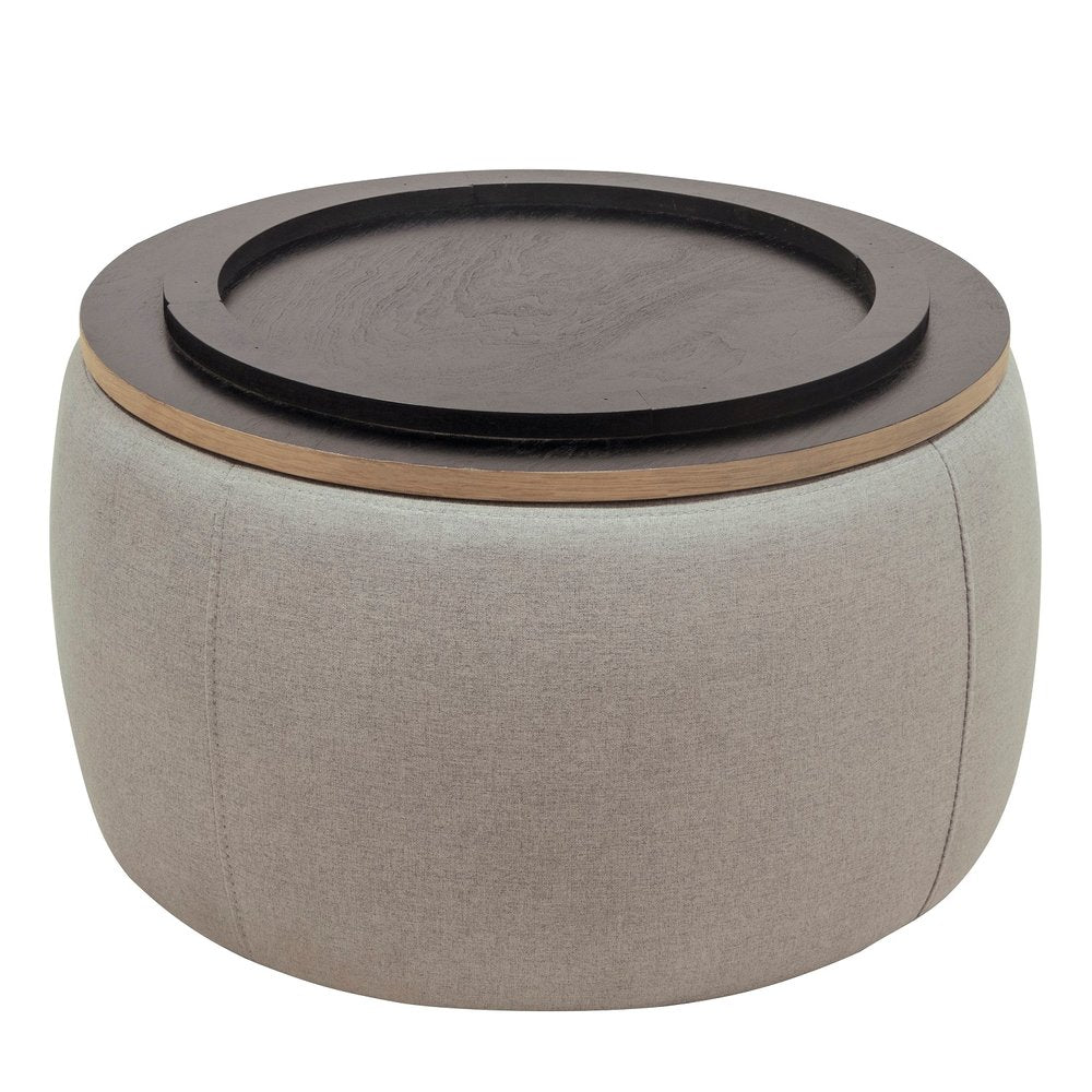 26" Light Gray And Natural Wood And Upholstery Round Ottoman With Storage