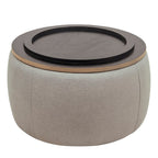 26" Light Gray And Natural Wood And Upholstery Round Ottoman With Storage