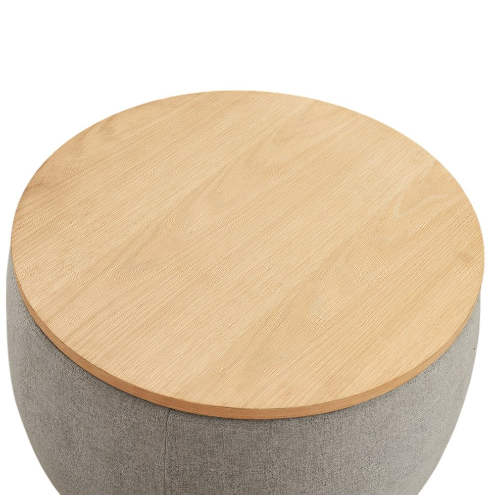 26" Light Gray And Natural Wood And Upholstery Round Ottoman With Storage