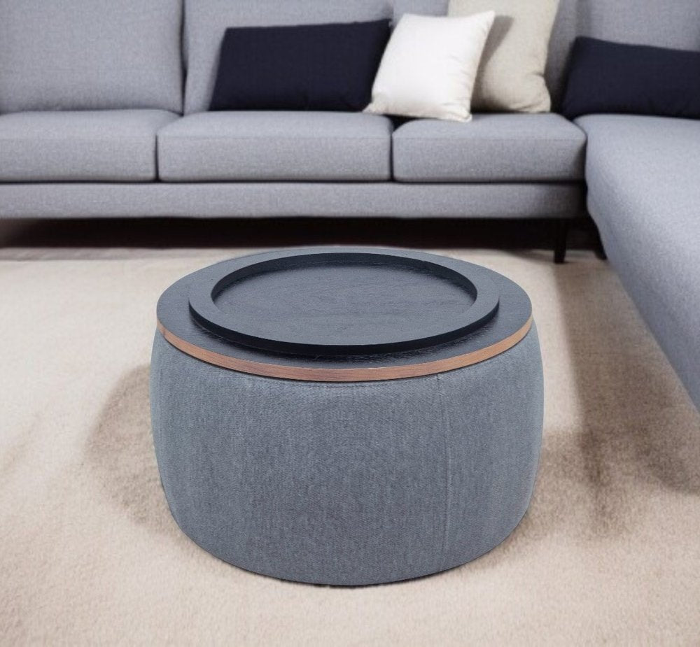 26" Dark Gray And Natural Wood And Upholstery Round Ottoman With Storage