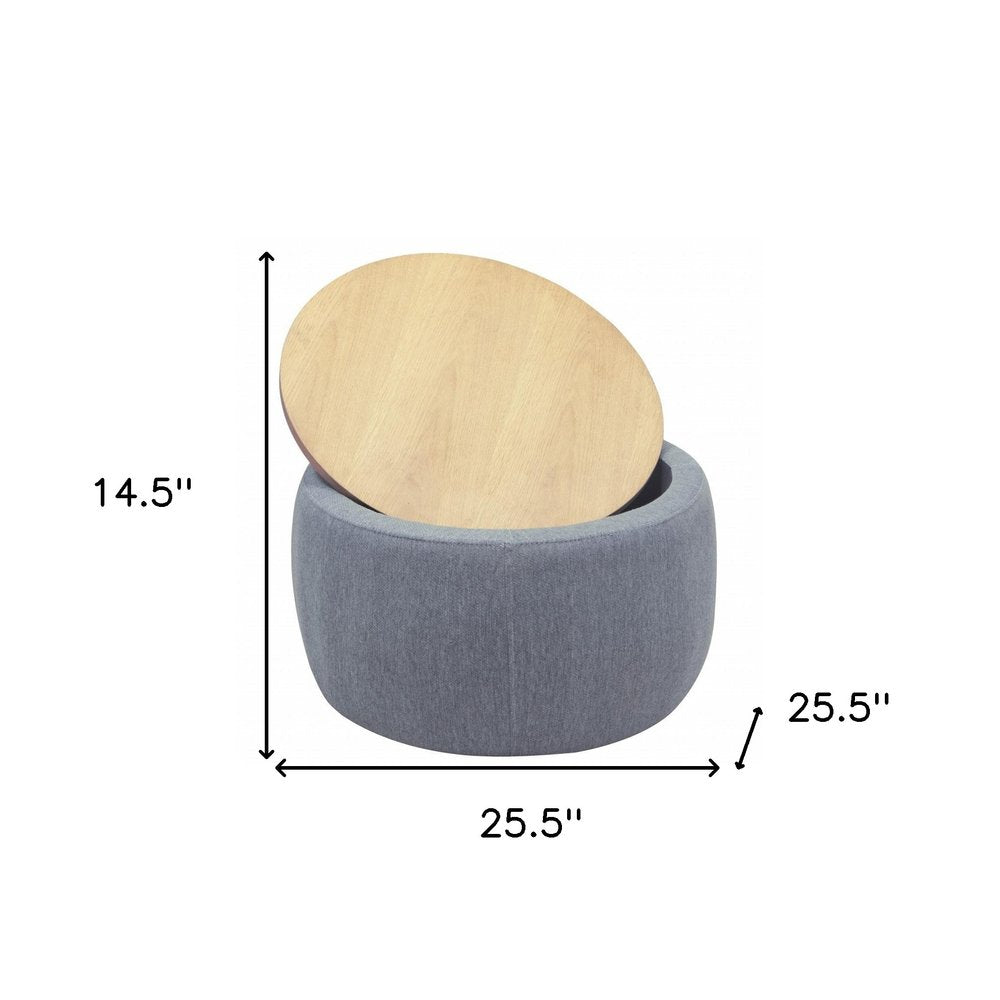 26" Dark Gray And Natural Wood And Upholstery Round Ottoman With Storage