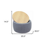 26" Dark Gray And Natural Wood And Upholstery Round Ottoman With Storage