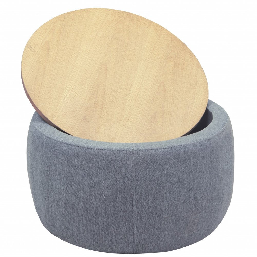 26" Dark Gray And Natural Wood And Upholstery Round Ottoman With Storage