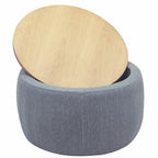 26" Dark Gray And Natural Wood And Upholstery Round Ottoman With Storage