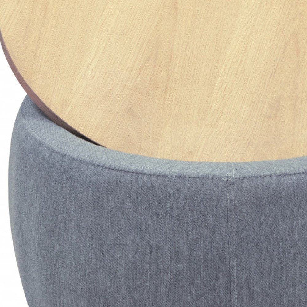 26" Dark Gray And Natural Wood And Upholstery Round Ottoman With Storage