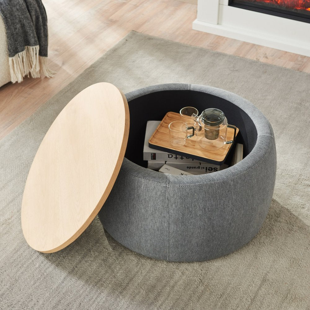 26" Dark Gray And Natural Wood And Upholstery Round Ottoman With Storage
