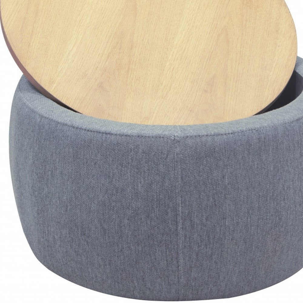 26" Dark Gray And Natural Wood And Upholstery Round Ottoman With Storage
