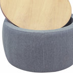 26" Dark Gray And Natural Wood And Upholstery Round Ottoman With Storage