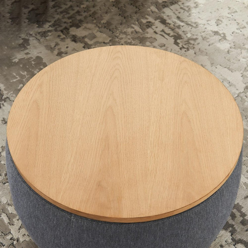 26" Dark Gray And Natural Wood And Upholstery Round Ottoman With Storage