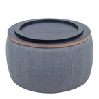 26" Dark Gray And Natural Wood And Upholstery Round Ottoman With Storage