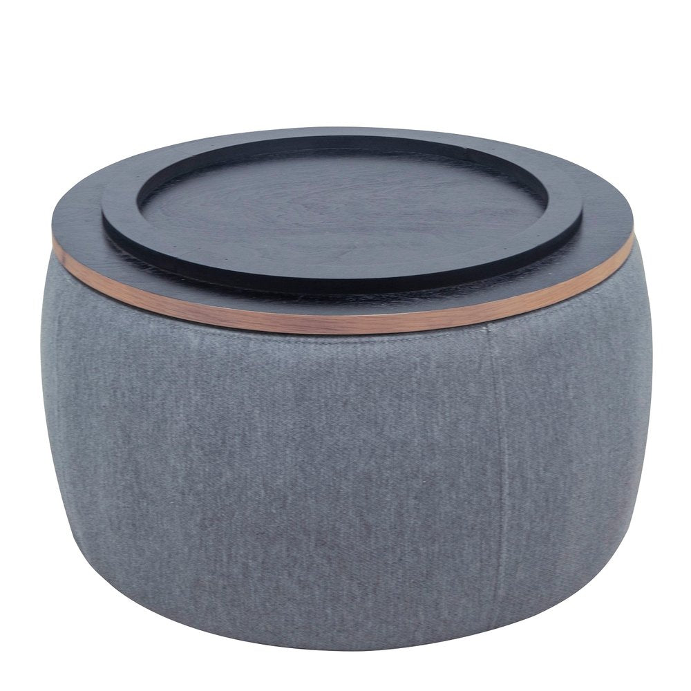 26" Dark Gray And Natural Wood And Upholstery Round Ottoman With Storage