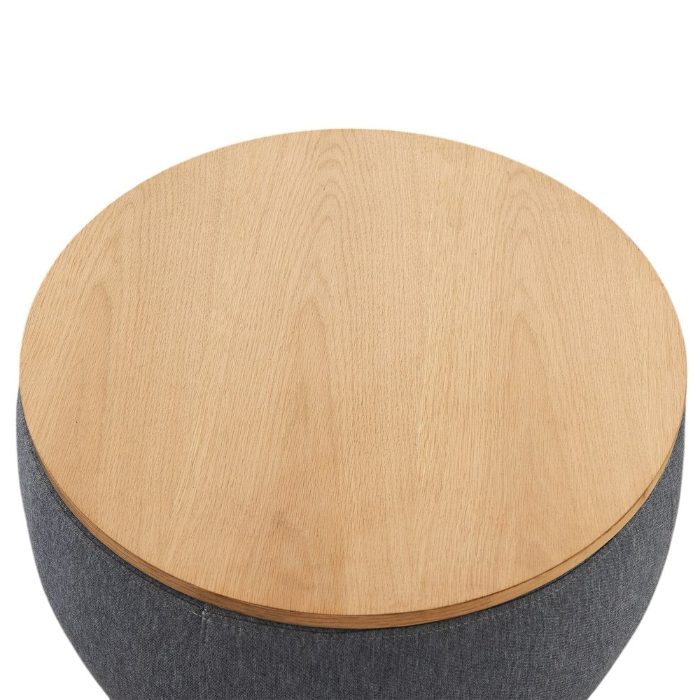 26" Dark Gray And Natural Wood And Upholstery Round Ottoman With Storage