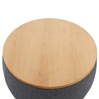 26" Dark Gray And Natural Wood And Upholstery Round Ottoman With Storage