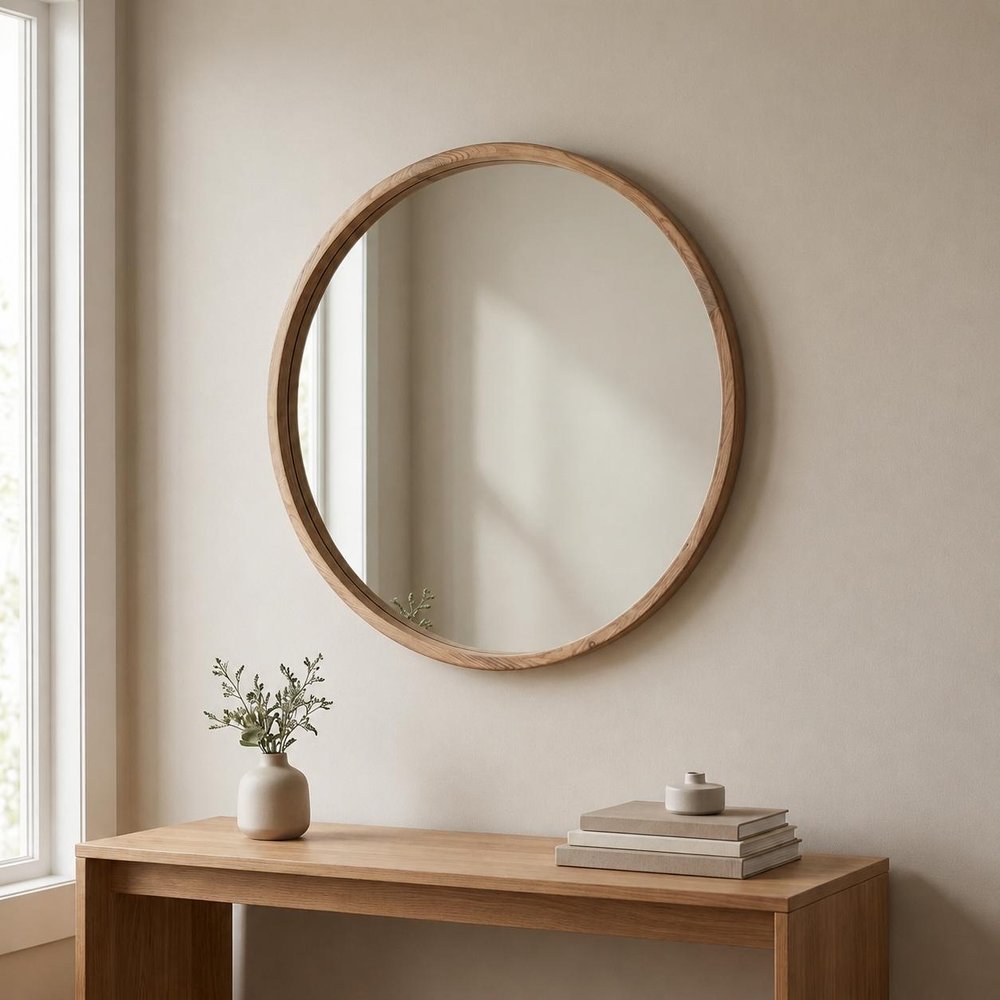 28" Brown Solid Wood Round Framed Accent Mirror