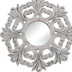 24" White Floral Scrollwork Distressed Round Framed Accent Mirror